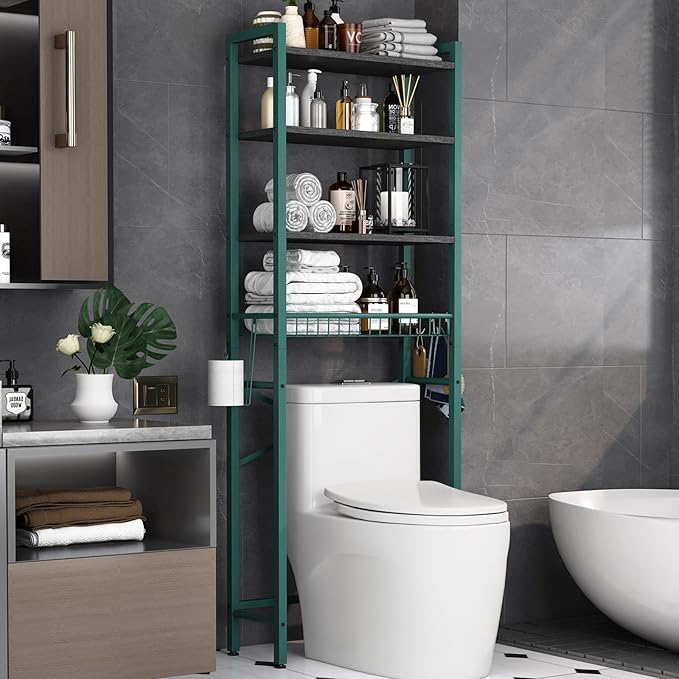 Kalrin Over-The-Toilet Storage Rack, 4-Tier Bathroom Organizer Shelf Over Toilet with Adjustable Shelf and Basket, Freestanding Space Saver Bathroom Shelves Above Toilet for Room (Green- Black)