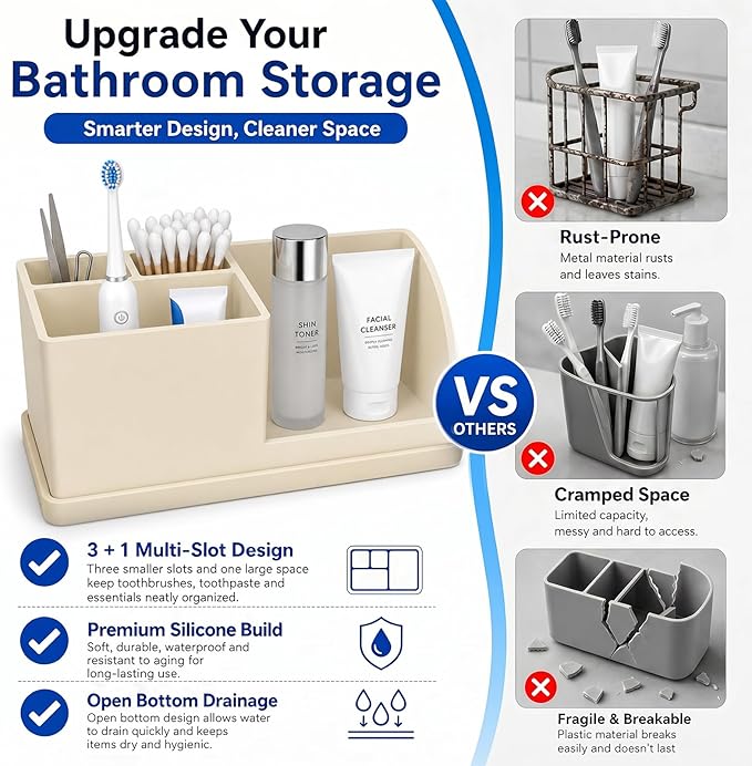 Bathroom Toothbrush Holders, 4 Slots Silicone Counter Organizer Storage Beige, Detachable Anti-Slip Vanity Organizer for Electric Toothbrush, Toothpaste & Phone