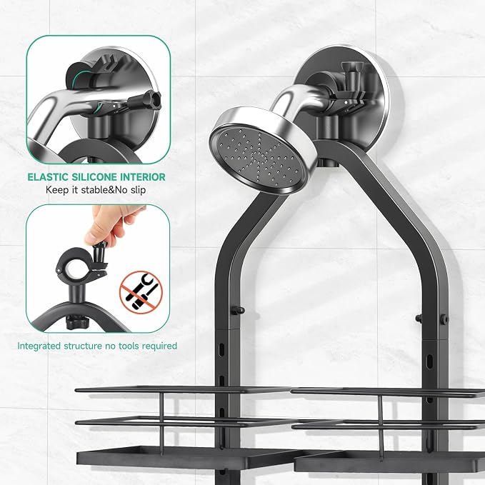 Shower Caddy Hanging for Handheld Showerheads Adjustable Hagging Shower Caddy, Stainless Steel Hose Hanging Shower Organizer 4 Levels Height Shower Rack（black