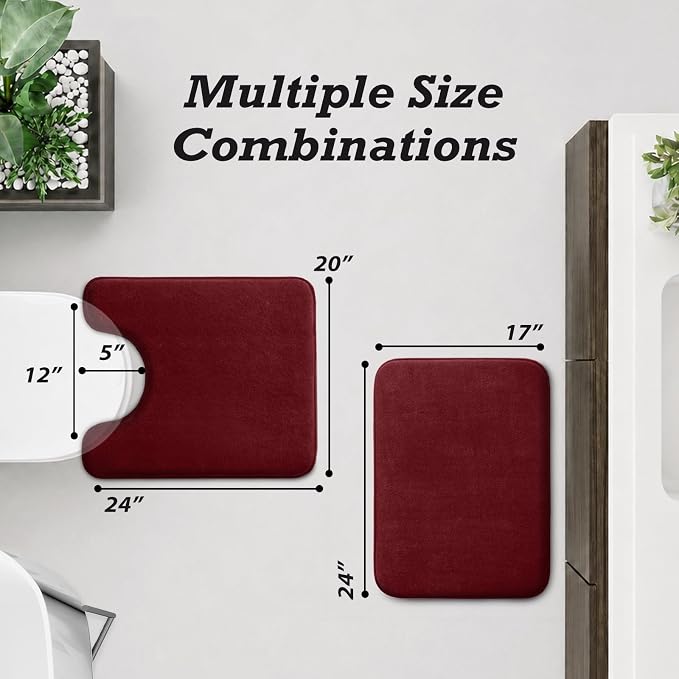 HUXMEYSON Bathroom Rugs Sets 3 Piece, Non-Slip & Quick Dry Bath Mat Set, Ultra Soft Velvet Bath Rugs for Bathroom, Toilet and Shower Floor, Red