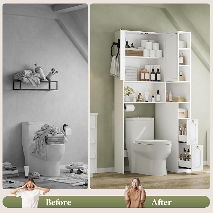 7-Tier L-Shaped Over the Toilet Storage Cabinet with Doors, 2 Large Drawers, Tissue Holder & Towel Holder, Bathroom Over Toilet Storage Cabinet with Adjustable Shelf for Bathroom, White