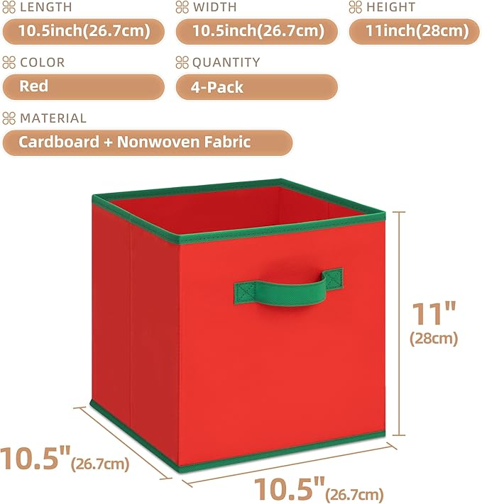 STORAGE MANIAC Storage Cubes, 11 Inch Durable 4 Pack Storage Shelf Basket for Christmas, Fabric Foldable Collapsible Bins with Handles for Organization, Closet, Shelves, Offices, Red