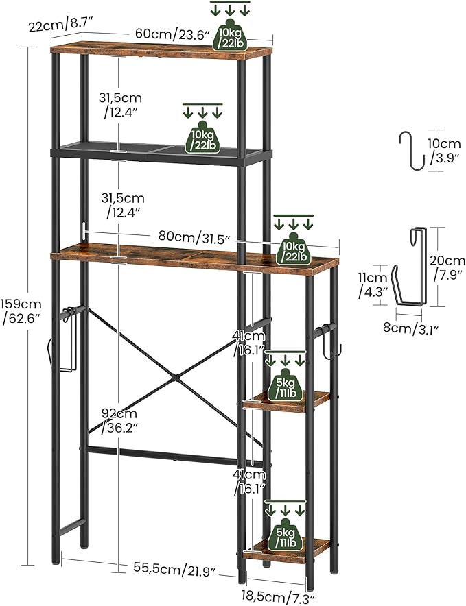 CHOEZON Over The Toilet Storage, 6-Tier Bathroom Organizer Shelf, Over-Toilet Storage Cabinet with Toilet Paper Hook, Space Saving, for Bathroom, Laundry, Entryway, Rustic Brown and Black TTS02BF
