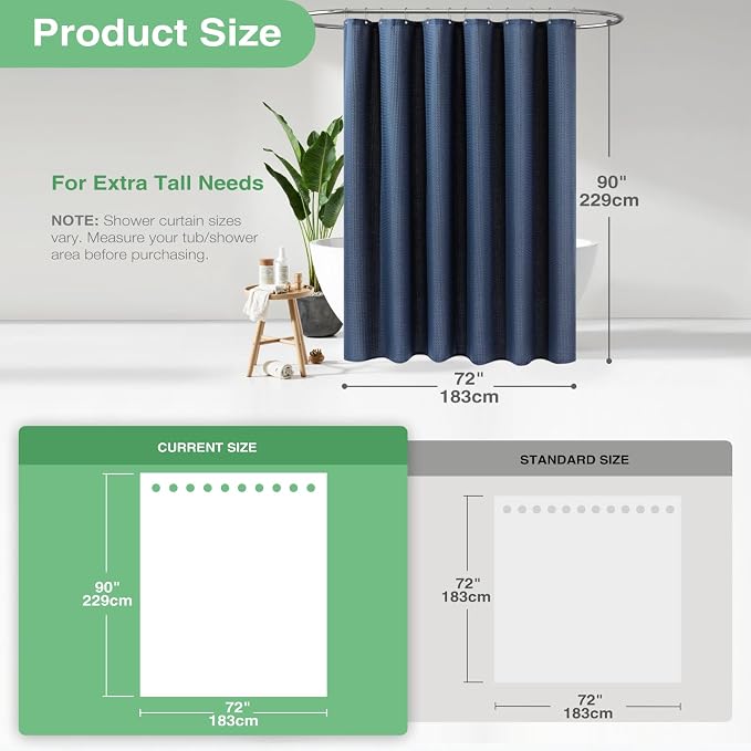 Dynamene Extra Long Fabric Shower Curtain - Waffle Weave 90 Inches Long Heavy Duty Cloth Shower Curtains for Bathroom, 256GSM Tall Hotel Luxury Bath Curtain Set with 12 Plastic Hooks, Navy Blue