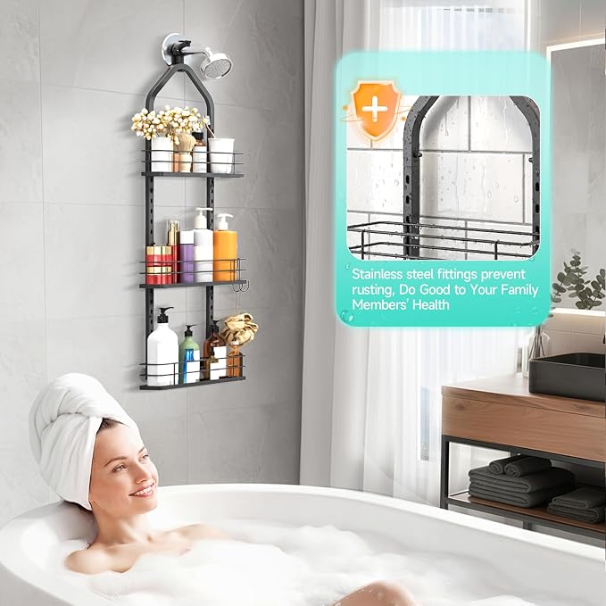Shower Caddy Hanging, Adjustable Anti-Swing-Over The Shower Head Caddy, 3 Tier Stainless Steel Bathroom Storage Organizer Bathroom Shelves Basket Rack Shower Caddies (3Tier)