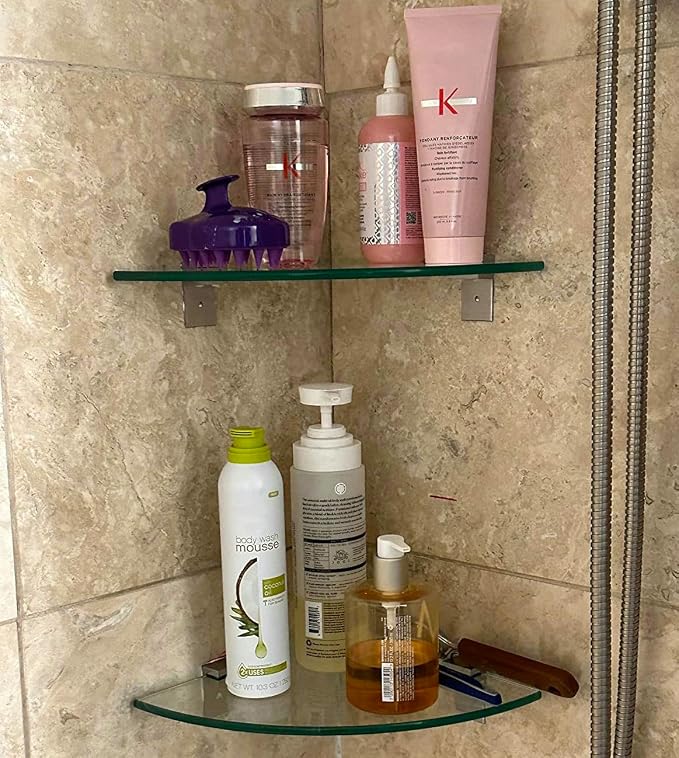 Bakzon Glass Corner Shower Shelf 2 Pack, No-Drill Adhesive or Screw Mount, 9.5" Tempered Glass Caddy Holds 22 lbs, Rustproof Aluminum Brackets, Renter-Friendly Inside Shower Organizer