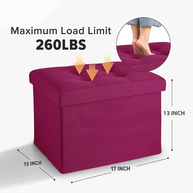 LINMAGCO Small Storage Ottoman Stool Foot Rest Stool Under Desk Stool Short Folding Ottoman Linen Cloth ROSEO 17X13X13IN