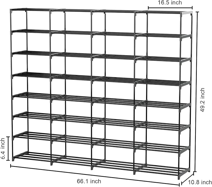 SMILHELTD Large Shoe Rack 4 Row 8 Tier for Entryway Holds 64 Pairs, Metal & Plastic Sneaker Shelves, DIY Assembly, Space Saving Storage Organizer for Garage Closet, 66.1" W x 49.2" H