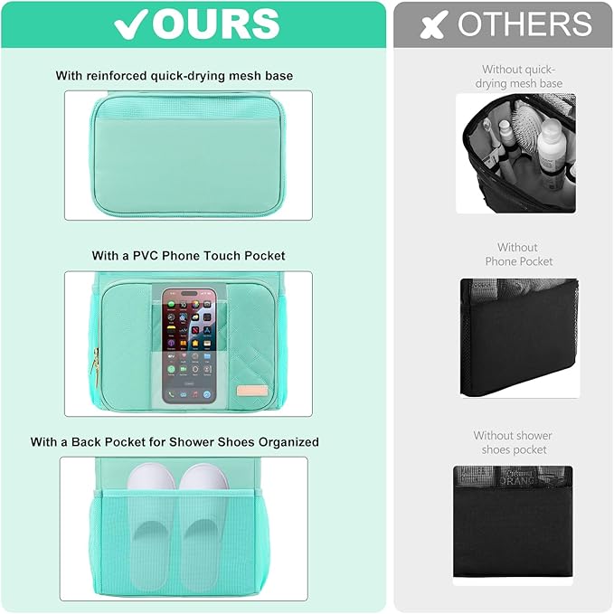 Portable Shower Caddy College Dorm Essentials, Large Toiletry Bag for Women Men, 2 Layers Quickly Dry Mesh Bathroom Tote Bag, Hanging Makeup Organizer Bag for Travel, Gym, Camping (Mint Green)