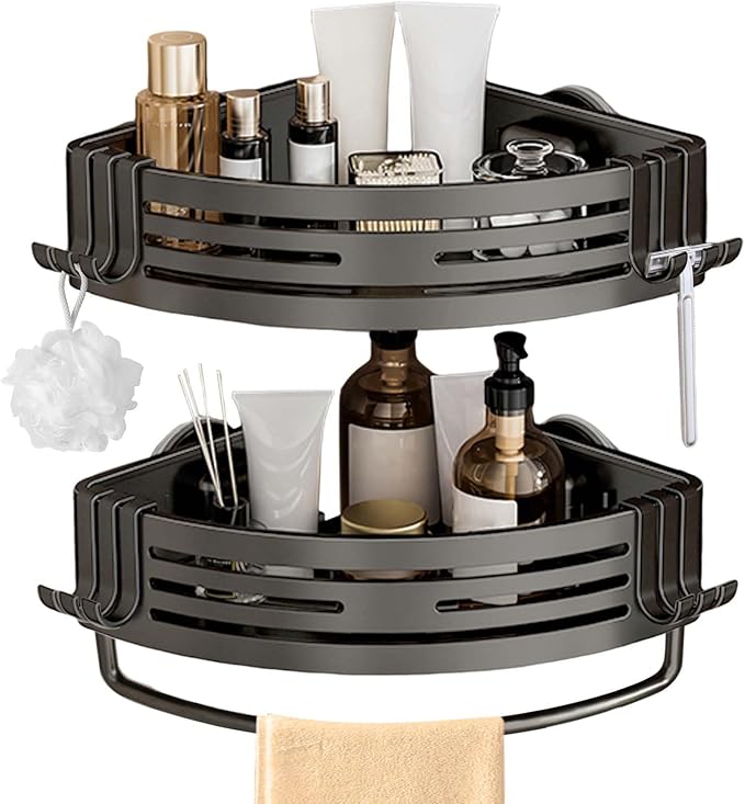 Lekesky Corner Shower Caddy Suction Cup, Shower Corner Shelf with a Towel Bar, No Drill shower rack, bathroom shelves for Organizers and Storage, Shower Shampoo Holder(Aluminum, 2-Pack, Gunmetal Gray)