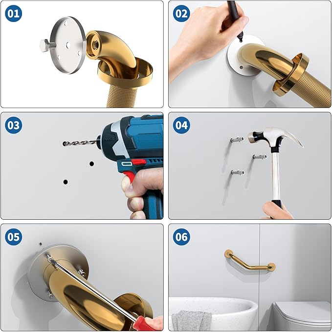 16 Inch Munzong Shower Grab Bars for Seniors, Gold Angled Anti Slip Grab Bars for Bathtubs and Showers Safety Hand Rail Support Handicap Elderly Injury Senior Assist Bath Handle