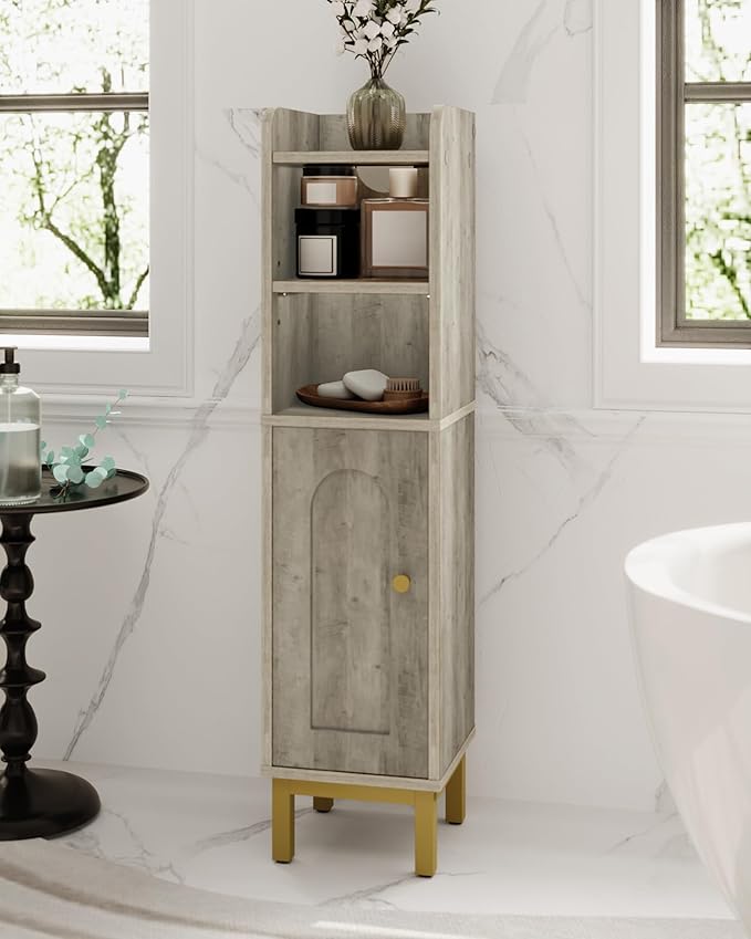 Hzuaneri Bathroom Storage Cabinet, Small Corner Floor Cabinet with Door and Shelves, Narrow Toilet Paper Holder, Bathroom Organizer with Adjustable Shelf, for Small Spaces, Rustic Greige BC08205X