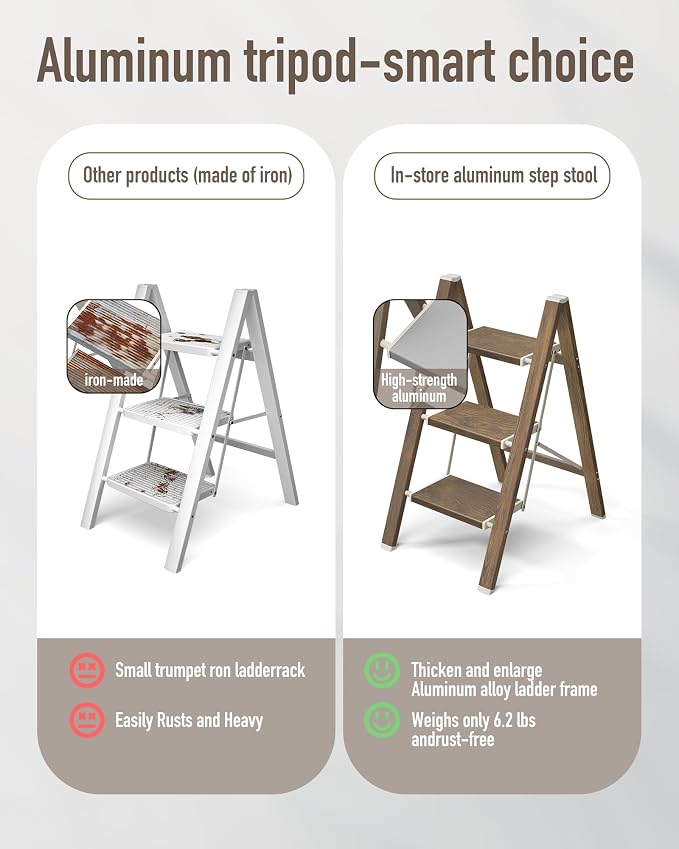 Mayi Plus 3 Step Ladder,Aluminum Folding Step Stool for Adults,Step Ladder with Wide Anti-Slip Pedal,330 lbs Capacity for Home,Kitchen,Library,Office(Cherry Woodgrain)