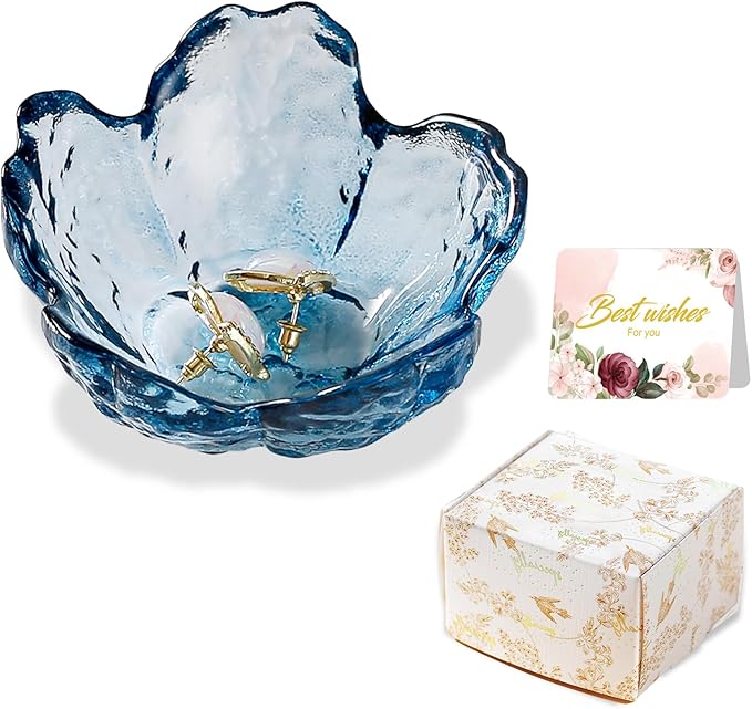 Binoster Blue Flower Glass Ring Dish Jewelry Tray Ring Holder Dish Cute Room Decor Vanity Organizer for Nightstand or Bathroom Aesthetic Trinket Dish Gift for Wife Mom Daughter