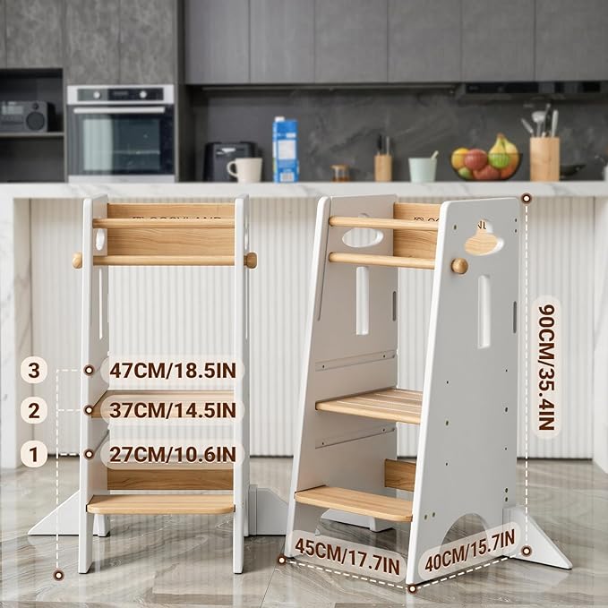 COSYLAND Toddler Standing Tower Adjustable Height (NO Wide Back Panel) - Super Stable Toddler Kitchen Stool Helper - 3 Levels Adjustable Wooden Kids Kitchen Stool (Natural & White)