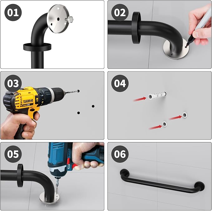 24 Inch Bathroom Grab Bar, ZUEXT Matte Black Safety Handrail for Shower Toilet Bathtub, Wall-Mounted Stainless Steel Handicap Grab Rail for Seniors Disabled Bath Safety Support (1.25" Diameter)