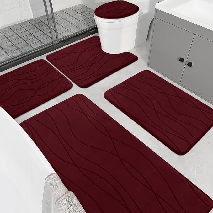 YIHOUSE Memory Foam Bathroom Rug Sets, Dark Red, 5 Piece | Ultra Soft, Absorbent, Non-Slip, Machine Washable
