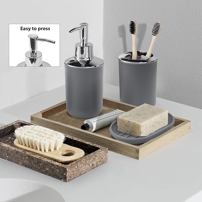 CERBIOR Bathroom Accessories Set 6 Piece Bath Ensemble Includes Soap Dispenser, Toothbrush Holder, Toothbrush Cup, Soap Dish for Decorative Countertop and Housewarming Gift (Light grey-6pcs)
