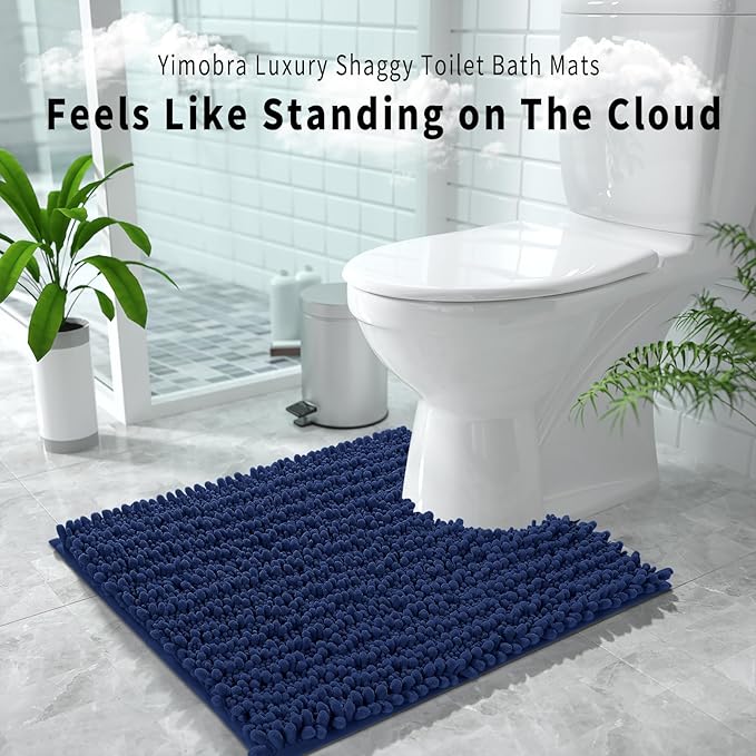 Yimobra Toilet Rug U Shaped Washable 24x24 Inch - Ultra Soft Absorbent Chenille Bath Rugs for Toilet, Quick Dry & Machine Washable, Non Slip Contour Bathroom Mat, Navy Blue