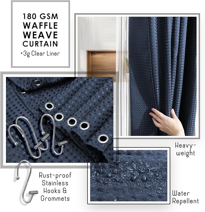 Clara Clark Bathroom Accessories Set - Bathroom Set, Bathroom Sets with Shower Curtain and Rugs, Shower Curtain Set with Bathroom Trash Can - Navy - 22PC
