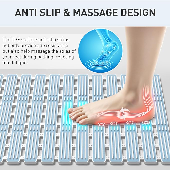 XIYUNTE Shower Mat Non Slip Bath Mat for Tub - 36 x 16 Inch Bathtub Mat Non Slip Shower Mats for Inside Shower, TPE Bath Mat with Suction Cups and Drain Holes, Easy to Cut, Blue