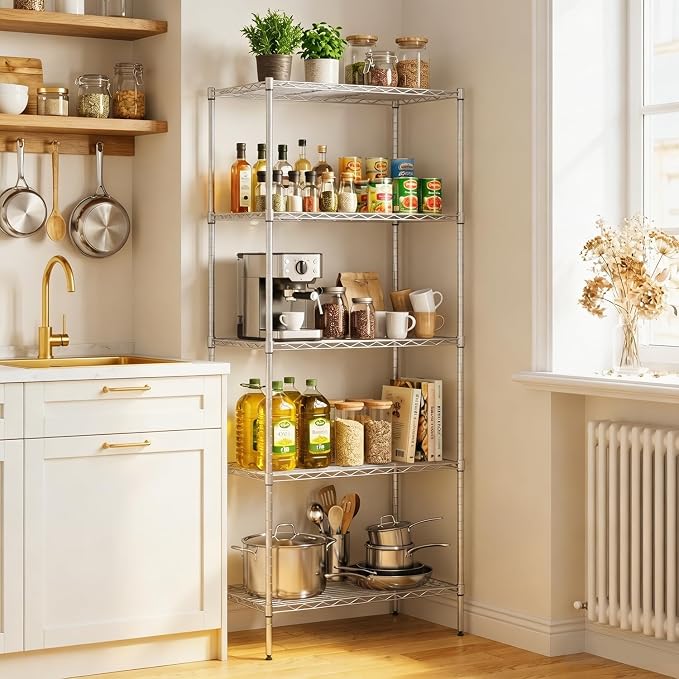 BestOffice | 5-Tier Wire Storage Shelves | 14 x 24 x 60 | Chrome | with Adjustable Racks | Metal Shelf, Holds Upto 500 lbs | No-Tool Assembly | Ideal for Home & Garage Shelving