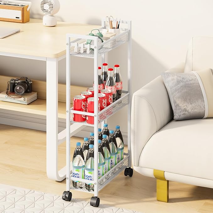 YASONIC Slim Rolling Storage Cart, Metal 3 Tier Bathroom Storage Organizer Laundry Room Utility Cart for Kitchen, Bthroom, Makeup, Craft, Laundry Narrow Places, White