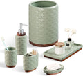 RQYIXI Elegant 6 PCS Ceramic&Wood Bathroom Accessories Set:Soap Dispenser,Toothbrush Holder,Tumbler,Soap Dish,Tray,Trash Can,Easy to Clean,Quatrefoil Pattern,Green-Affordable Home Luxury