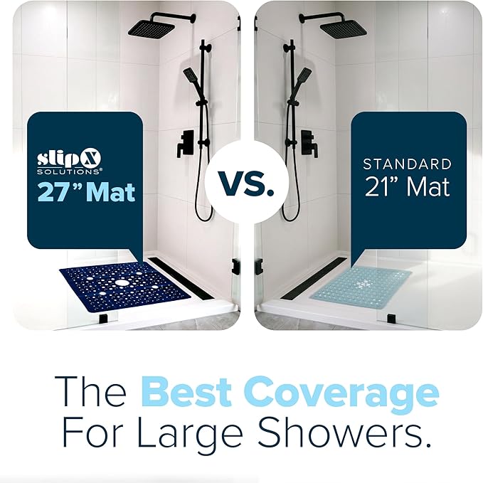SlipX Solutions 27" Oversize Square Shower Mat, Non-Slip Mat for Elderly & Kids, 100+ Power Grip Suction Cups for Smooth Surfaces, Machine Washable, Solid Navy Blue