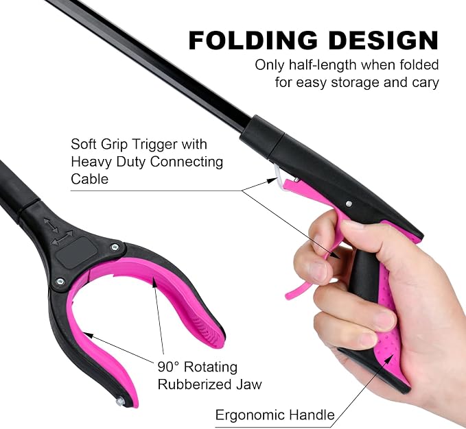 32" Grabber Reacher Tool, 360° Rotating Head, Wide Jaw, Foldable Reacher Grabber Pickup Tool,Anti-Slip Rotating Jaw with Magnet, 4" Wide Claw Opening Grabbers for Seniors (Purple)