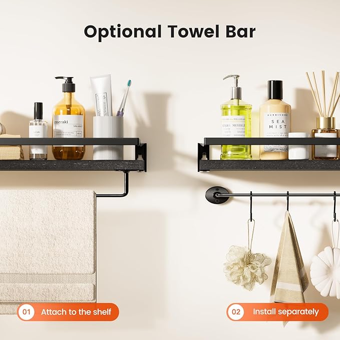 AMADA HOMEFURNISHING Bathroom Shelves with Towel Bar, Floating Shelves, Wall Shelves for Bathroom/Living Room/Kitchen/Bedroom, Black, Set of 2 - AMFS01B