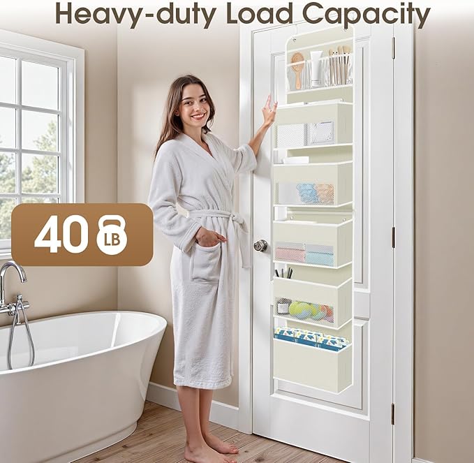 SpaceHacks 6-Tier Over The Door Organizer, Hanging Storage Organizer with Clear Window, 40lb Ultra Sturdy Large Capacity Room Organizer for Pantry Bathroom Nursery Closet Baby Essential (Beige)