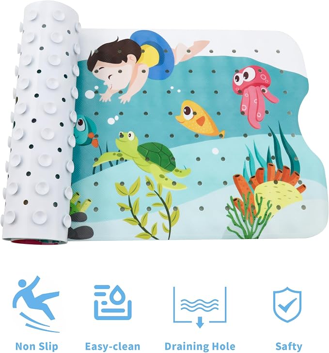 Baby Bath Mat for Tub Non Slip Kids Bathtub Mat Extra Long 40X16 Inch Toddler Bath Tub Shower Mat Anti Slip with Suction Cups & Drain Holes, Machine Washable,Seaworld