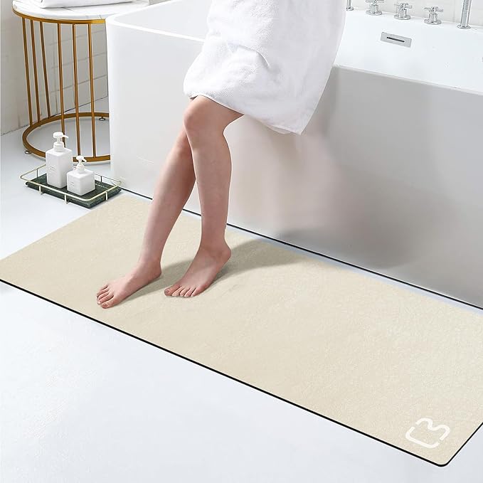 RUERYA Beige Bath Mat 17" x 59" Extra Long Bathroom Mat Large Fast Dry Super Absorbent Non-Slip Rubber Backed Shower Mat Bath Rugs Mats for Bathroom Floor, Tub, Shower, Sink