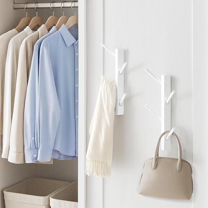 TIOPGHAD 2 Pack Small Vertical Coat Rack Wall Mount, Bamboo Coats Hooks Clothes Holder Hanger for Wall Coat Hat Jacket Clothing Bathroom Robes Entryway(White)