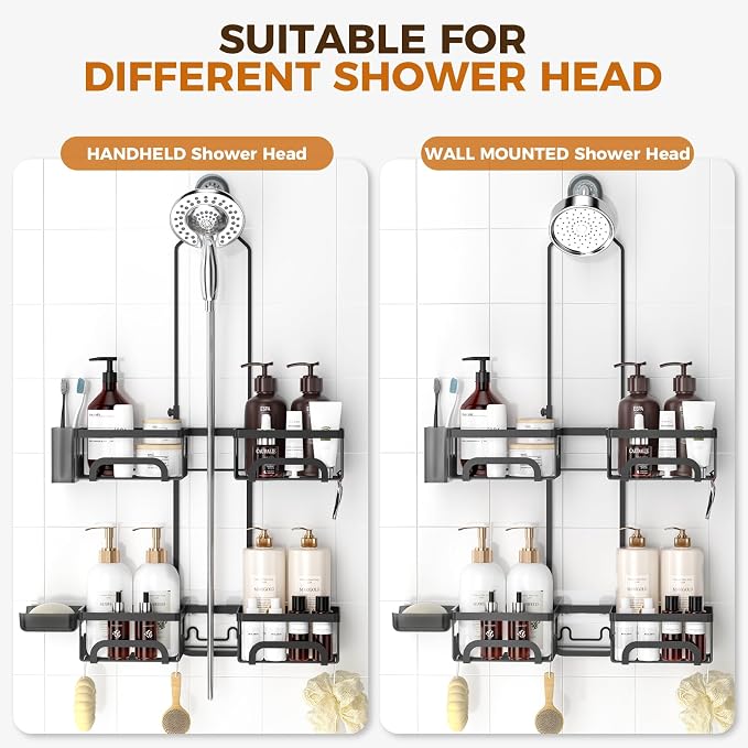 REINHARDT Shower Caddy Hanging for Handheld Showerheads Adjustable Split Shower Caddy, Rustproof Shower Organizer with Hooks for Razors Over the Head Caddy with Soap Holder Bathroom Accessories, Black