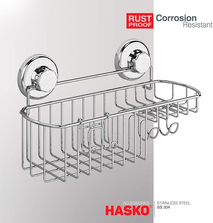 HASKO Shower Caddy Suction Cup, Shower Shelf with Soap Dish and Hooks Organizer, Suction Bathroom Shelf for Storage, Wall Mounted Basket (Polished Stainless Steel SS304)