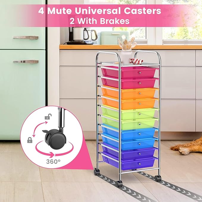 10-Drawer Rolling Storage Cart, Trolley w/Lockable 360° Wheels, 10 Removable PP Drawers, Sturdy Metal Frame, Rolling Utility Cart Perfect for Home, Office, Classroom (Rainbow)