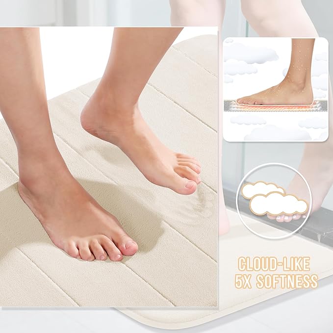 Yimobra Memory Foam Bathroom Rugs Sets 2 Piece - Super Soft Absorbent Quick Dry Bath Mat Set, Machine Washable Non Slip Floor Carpet for Tub Shower & Single Sink (17x24 & 31.5x20 Inch, Cream White)