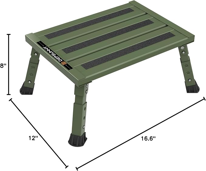 Adjustable RV Step Stool, 3-Step Height Adjustment, Foldable Legs, Wide Anti-Slip Surface,Supports Up to 1,000 lb, Premium Aluminum Construction Easy to Carry (Army Green)