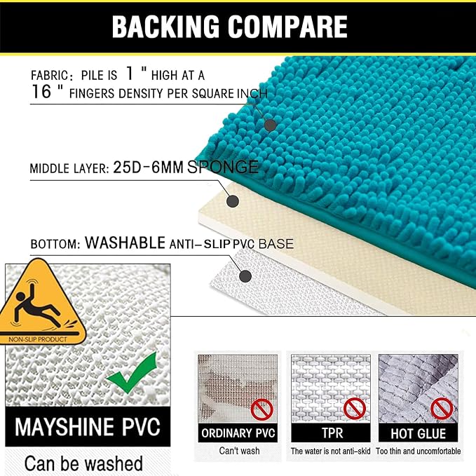 Bathroom Rugs Chenille 3-Piece Extra Soft and Absorbent Shag Bathroom Rugs, Machine Wash Mat, Strong PVC Non-Slip Underside, Plush Carpet Mats (Turquoise)