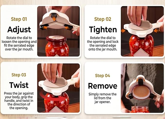 Jar Opener, 4 in 1 Multi-Functional Adjustable Bottle Opener, Retractable Lid Tool with Non-Slip Grip for Various Sizes Jars Cans and Bottles, Effortless Kitchen Helper for Seniors, Weak Hands