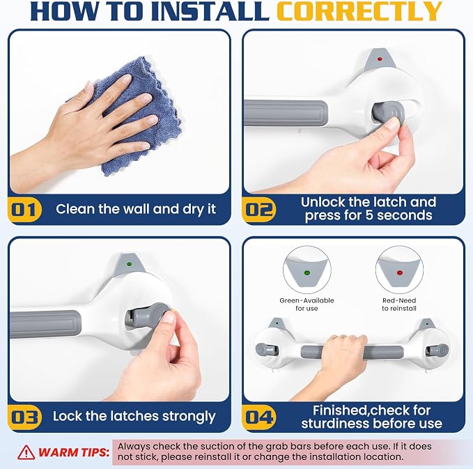 KVANT Shower Grab Bars for Seniors, 16.5 Inch Shower Handle (Gray White) | Safety Signal Indicators, Strong Suction Cup, Easy Installation, No Drill, Removable, Anti-Slip, Waterproof