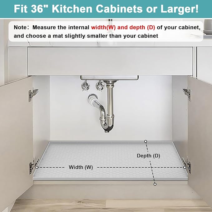 Under The Sink Mat Waterproof, Under Kitchen Sink Mat and Protector for 34" x 22" Cabinets, Under Sink Tray Organizer, Shelf Liner Cabinet Liner for Bathroom, Kitchen and Dining Room, Light Gray