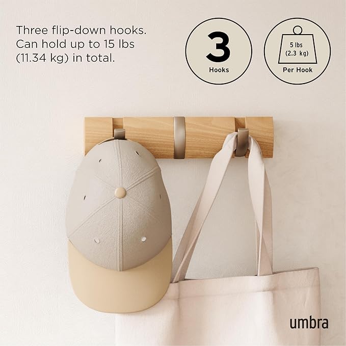 Umbra Flip Wall-Mounted Coat Rack with 3 Hooks – Modern, Space-Saving Storage for Hats, Jackets, Bags, Entryway, Mudroom, Closet, Bathroom, Bedroom – Natural/Nickel