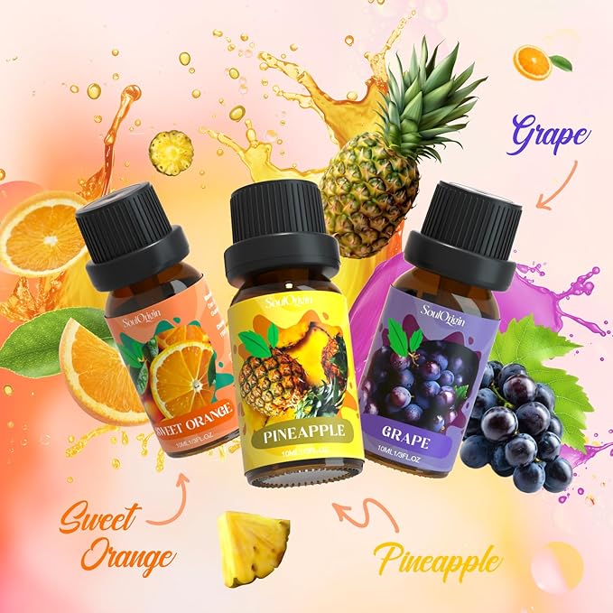 Soulorigin Fruit Essential Oils Set, Fragrance Oil Set for Diffuser, Scent Diffuser Oil for Candle Making- Pineapple, Sweet Orange, Grape, Green Apple, Blueberry, Watermelon