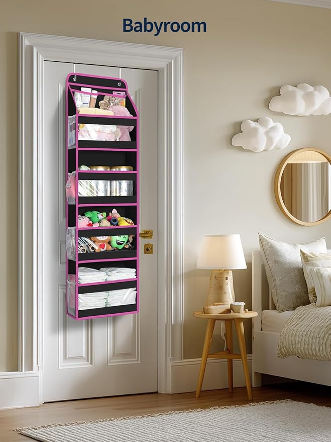 Yecaye 5 Tier 1Pc Over the Door Organizer, Stuffed Animal Storage with Clear PVC Windows, Door Organizer Hanging for Bedroom Nursery Closet Dorm Room Laundry Pantry Bathroom, Black and Pink, 1 Pack