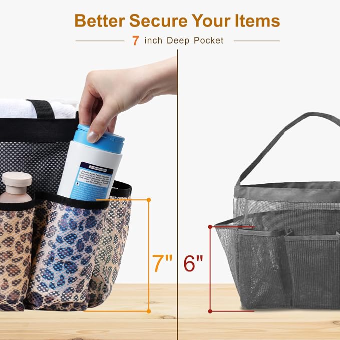 F-color Mesh Shower Caddy Portable - Shower Bag for College Dorm, Leopard | Quick Dry, with S Hook, College Dorm Room Essentials for Camp, Gym, Travel, Freshmen, Camping, Bathroom, Shower Tote