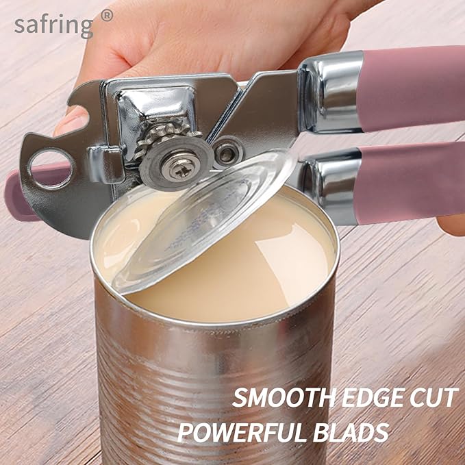 Safring Can Opener Manual, Handheld Strong Heavy Duty Stainless Steel Can Opener, Comfortable Handle, Sharp Blade Smooth Edge, Can Openers with Multifunctional Bottle Opener, Pink