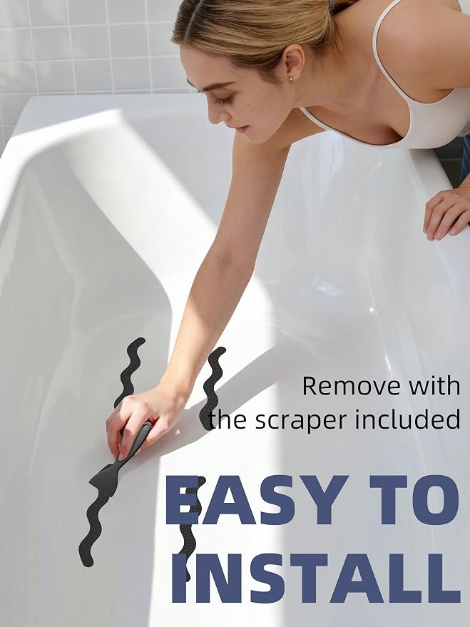 Secopad Patented Anti Slip Shower Stickers, 24PCS Adhesive Decals Safety Strips with Scraper for Bath Tub, Shower Floor, Stairs, Black, 0.8"*8"